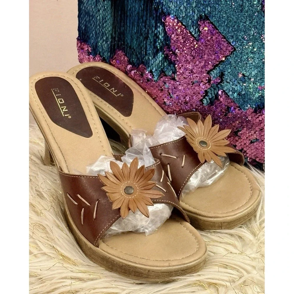 Vintage 90s y2k Boho Cottagecore Floral Sunflower Chunky Slide Sandals Heels 9